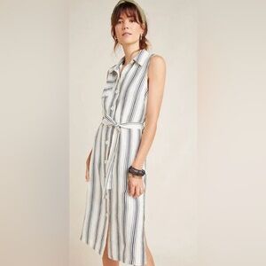 Maeve Anthropologie Esther Sleeveless Striped Shirt Dress Black Off White